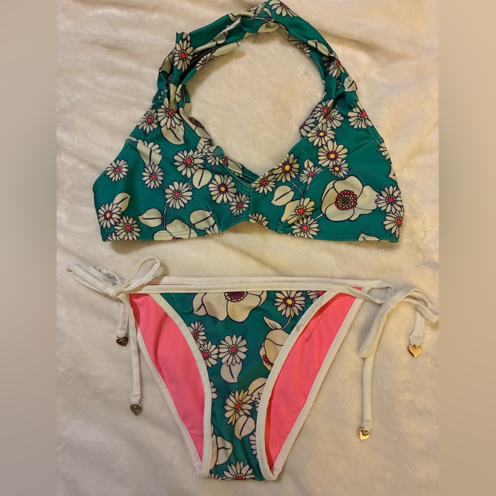 Wildfox Teal Floral & Pink Trim Halter Bikini
